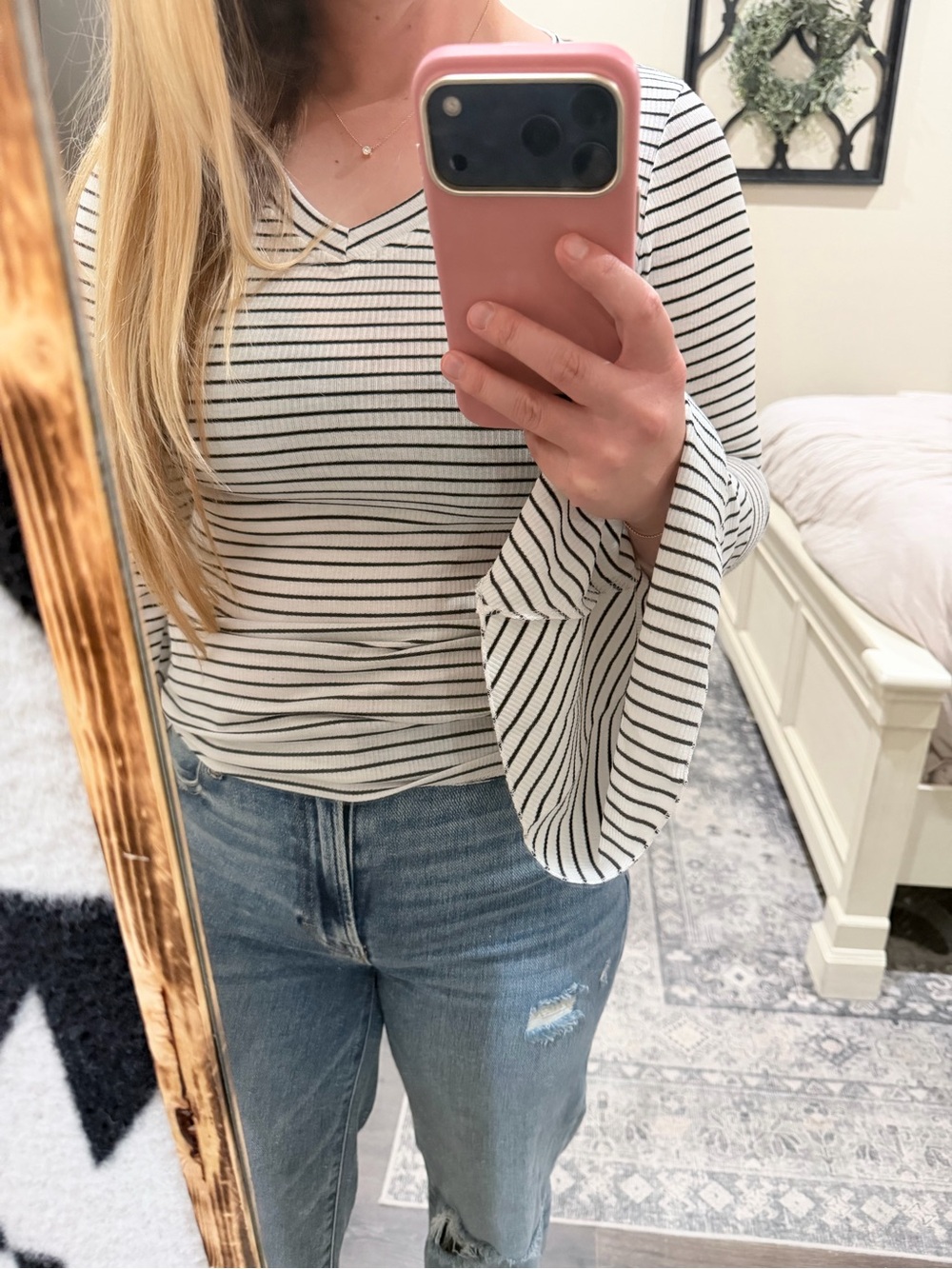 Hayden Black and White Striped V-Neck Bell Sleeve Top